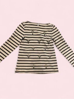 J. Crew Women’s Black & Cream Striped Top with Unique Jewel Detailing in size M